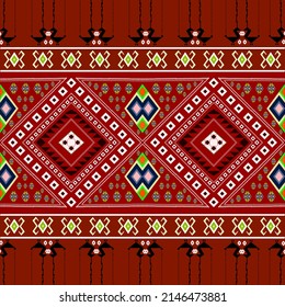 Red Thai pattern sarong, Birds pattern, square pattern, embroidery
