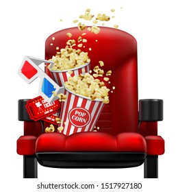 Red theater chair on a white background. On the chair are popcorn, glasses and tickets. 3D vector. High detailed realistic illustration.