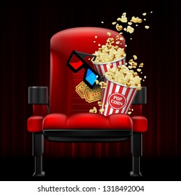 Red theater chair with popcorn, glasses and tickets on a dark red curtain background. 3D vector. High detailed realistic illustration