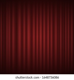 Red theater curtain, long silk, hanging on cornice vector. Luxury scarlet textile or fabric, concert hall decoration and equipment, backdrop or background