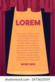 Red theater curtain with spotlight. Vector poster template suitable for concerts and dance events. Advertising poster in flat style with space for text.