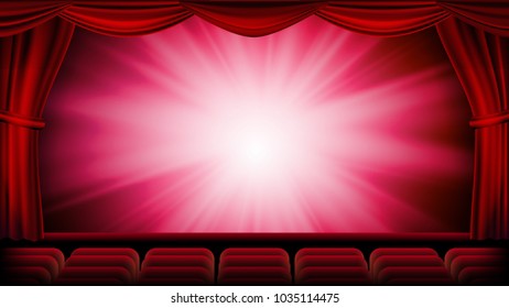 Red Theater Curtain Vector. Red Background. Theater, Opera Or Cinema Closed Scene. Banner, Placard, Poster Template. Realistic Red Drapes Illustration
