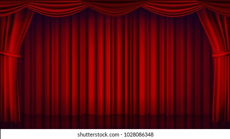Red Theater Curtain Vector. Theater, Opera Or Cinema Empty Silk Stage, Red Scene. Realistic Illustration