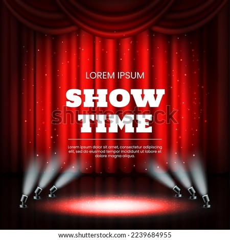 Red theater curtains, broadway casino background. Showtime award, cinema star lights, luxury open show hall. Drapery and spotlights. Banner template. Vector background 3D elements