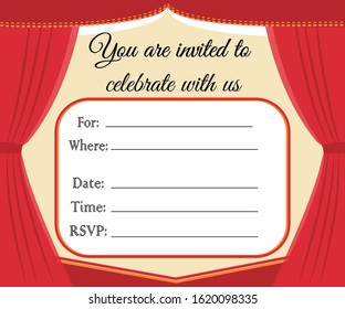 Red theater curtains invitation card. Simple design of red curtains. Perfect for theater themed invitations. 