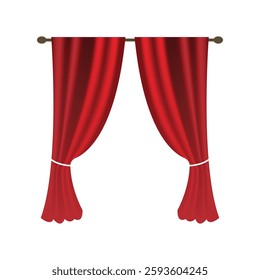 Red Theater Curtains Open to a White Background. A pair of vibrant red theater curtains, with a smooth, slightly textured appearance.	