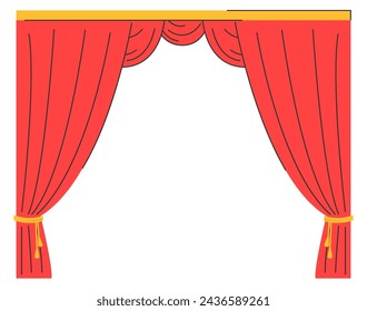 Red theater curtains vector isolated. Theatrical elegant drapery. Design element for web banner backdrop.