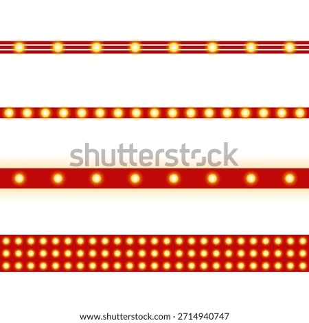 Red Theater Marquee Light Bulb Border Dividers Set. Collection of endless borders and dividers with glowing light bulbs isolated on a clean background. Retro design for cinema decoration. PNG. Vector.