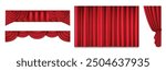 Red theater stage curtain closed and open, long and short top border isolated on white background. Realistic 3d vector illustration set of velvet cloth drapery of cinema, concert or theatre scene.