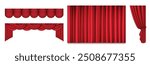 Red theater stage curtain closed and open, long and short top border isolated on white background. Realistic 3d vector illustration set of velvet cloth drapery of cinema, concert or theatre scene.