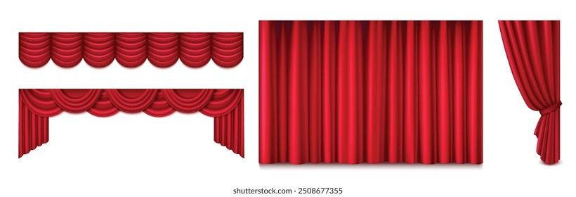 Cortina de palco de teatro vermelho fechado e aberto, borda superior longa e curta isolada no fundo branco. Realista vetor 3d ilustração conjunto de tecido de veludo drapery de cinema, concerto ou cena de teatro.