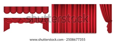 Red theater stage curtain closed and open, long and short top border isolated on white background. Realistic 3d vector illustration set of velvet cloth drapery of cinema, concert or theatre scene.