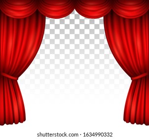 Red theater stage curtain with drapery. Vector background with open velvet drapes in cinema, opera, drama performance or show isolated on transparent background