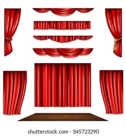 Red Theatre Curtain In Different Shape And Wooden Stage Realistic Isolated Vector Illustration 