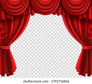 Red theatre curtain. Realistic scene glamour portiere on transparent background, cinema or circus drape luxury silk or velvet opened stage vector realistic fabric drapes