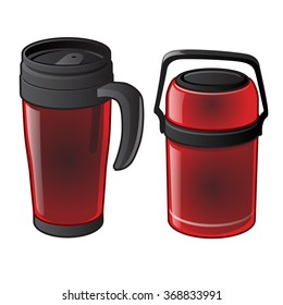 Red thermo mug and thermos. Vector.