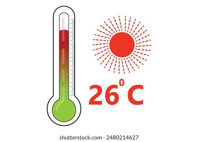 Red Thermometer With 26 degree Celsius logo Icon and red sun icon