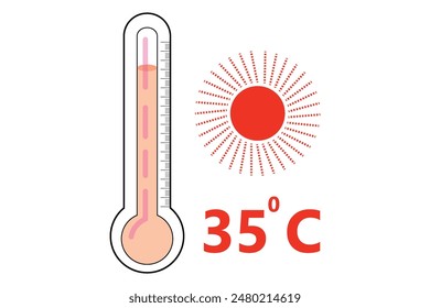 Red Thermometer With 35 degree Celsius logo Icon and red sun icon