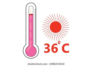 Termómetro rojo con el icono del logotipo de 36 grados centígrados y el icono rojo del sol