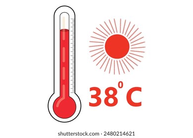 Red Thermometer With 38 degree Celsius logo Icon and red sun icon