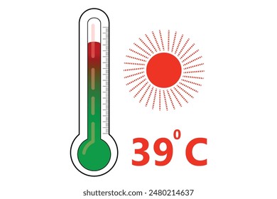 Red Thermometer With 39 degree Celsius logo Icon and red sun icon