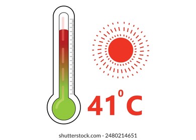 Red Thermometer With 41 degree Celsius logo Icon and red sun icon