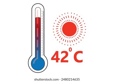 Red Thermometer With 42 degree Celsius logo Icon and red sun icon
