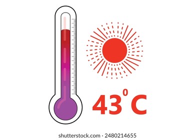 Red Thermometer With 43 degree Celsius logo Icon and red sun icon