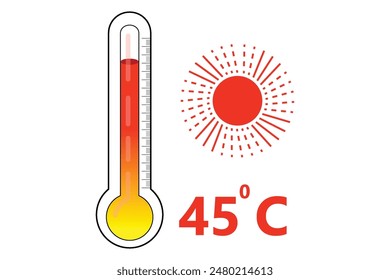 Red Thermometer With 45 degree Celsius logo Icon and red sun icon