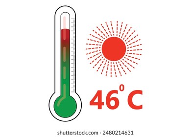Red Thermometer With 46 degree Celsius logo Icon and red sun icon