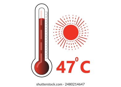 Red Thermometer With 47 degree Celsius logo Icon and red sun icon