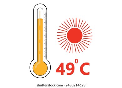 Red Thermometer With 49 degree Celsius logo Icon and red sun icon