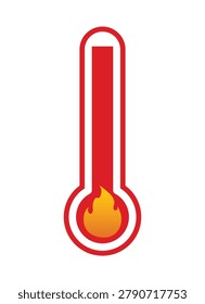 Red Thermometer with Fire Flame Inside Icon, Extreme High Temperature Heatwave Symbol, Hot Weather Climate Concept, Global Warming Fever Vector Illustration Isolated on White Background