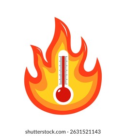 Red thermometer in fire flames, high temperature warning, hot summer day, heatwave, climate change concept vector illustration.
