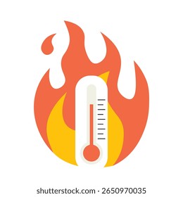 red thermometer in fire flames, high temperature warning, hot summer day, heatwave, climate change concept- vector illustration
