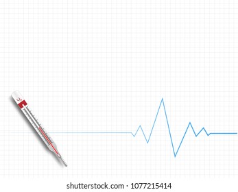 Red thermometer with heartbeats on grid background represents medical and health care concept. Thermometer indicators illustration. Technology Background. Vector Illustration.
