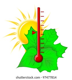 Red thermometer with leaves and sun vector