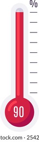 Red thermometer reaching ninety percent, indicating high temperature or performance level, with a scale from zero to one hundred percent, on a white background