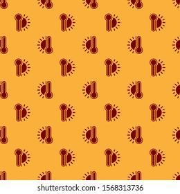 Red Thermometer with sun icon isolated seamless pattern on brown background.  Vector Illustration