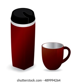 Red thermos bottle with red cup isolated on white background.