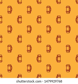 Red Thermos container icon isolated seamless pattern on brown background. Thermo flask icon. Camping and hiking equipment.  Vector Illustration