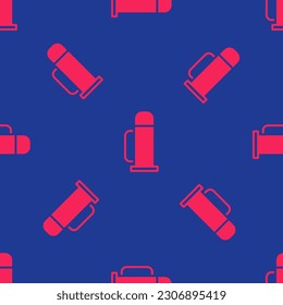 Red Thermos container icon isolated seamless pattern on blue background. Thermo flask icon. Camping and hiking equipment.  Vector