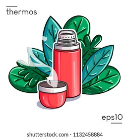 A red thermos flask with a cup.