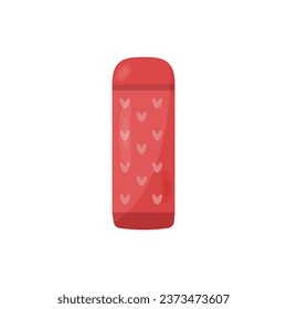 Red thermos with hearts. Vector illustration in cartoon flat style. Container for drinks, for walks, trips, hikes, travel, sports, fitness. Illustration on a white background, eps 10.