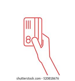 red thin line arm holding credit card. concept of simple paying, atm service, swiping, debt, banking, earnings, currency, spending, wealth. flat style modern logo graphic design on white background