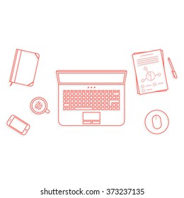 red thin line business office workspace items. concept of webpage header, seo, desk top view, site ui, finance report. isolated on white background. linear style trend logo design vector illustration