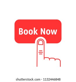 red thin line finger presses on book now. flat cartoon linear trend modern logotype graphic art design isolated on white. concept of reservation by smartphone or mobile phone and pre-order motel