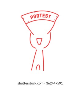 Red Thin Line Man Holding Protest Banner. Concept Of Trade Or Labor Union, Rebellion, Patriotic, Job, Union, Picket. Isolated On White Background. Sketch Style Modern Logo Design Vector Illustration