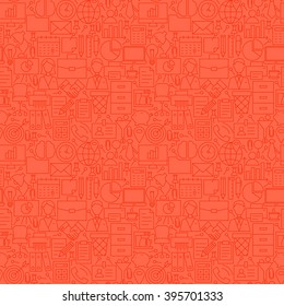 Red Thin Line Office Life Business Seamless Pattern. Vector Website Design and Seamless Background in Trendy Modern Outline Style. Working Place and Job.