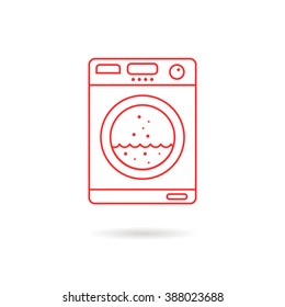 red thin line washing machine. concept of launder, fresh apparel, cleanliness, neatness, dryer, powder, laundry room. linear style trend modern logo design vector illustration on white background